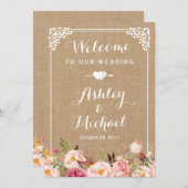 Invitation Affiche de bienvenue mariage | Floral de Burlap ru (Devant / Derrière)
