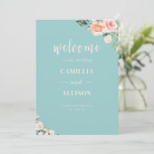 Invitation Affiche de bienvenue Mariage rose floral vert (Debout devant)