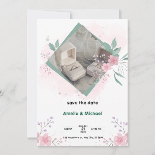 Invitation Affiche de sauvegarde de date simple verte et rose (Devant)