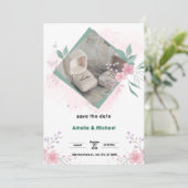 Invitation Affiche de sauvegarde de date simple verte et rose (Debout devant)