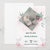 Invitation Affiche de sauvegarde de date simple verte et rose (Devant / Derrière)