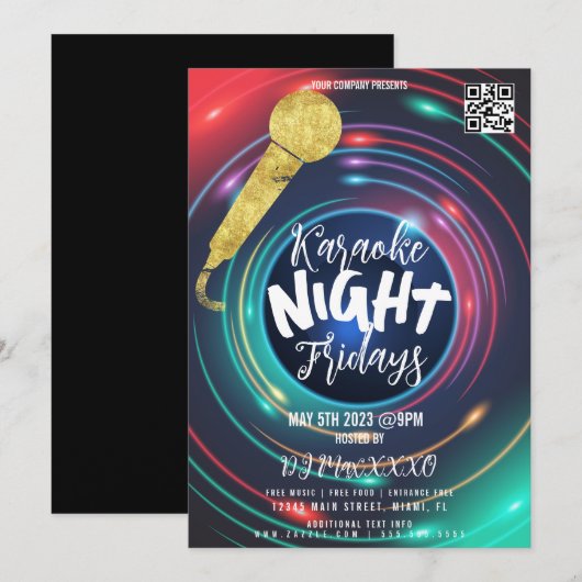 Invitation Affiche de soirée néon de karaoke pour une fête da (Devant / Derrière)