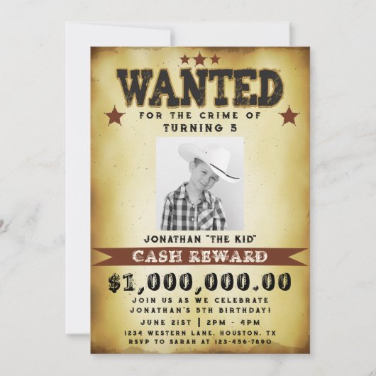 Invitation Affiche recherchée pour l'anniversaire d'un garçon (Devant)