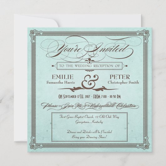 Invitation Affiche vintage bleue et marron Réception uniqueme (Devant)