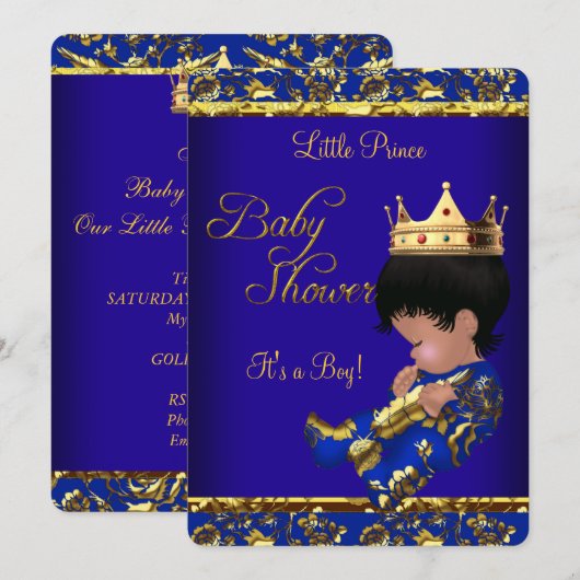 Invitation Africain-Américain Baby shower Blue Gold Boy (Devant / Derrière)