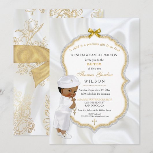 Invitation African American Baby Boy Baptism Gold Cross (Devant / Derrière)