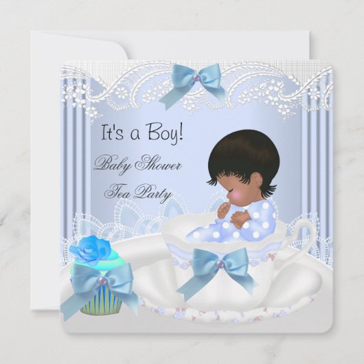 Invitation African American Baby shower Boy Blue Baby Teacup (Devant)