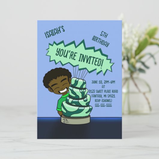 Invitation African American Boy and Cake Birthday (Debout devant)