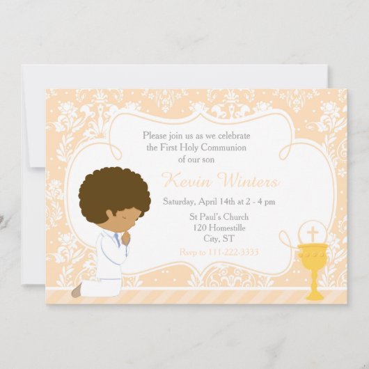 Invitation African American Boy First Communion Damask (Devant)