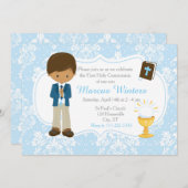 Invitation African American Boy First Communion Damask (Devant / Derrière)