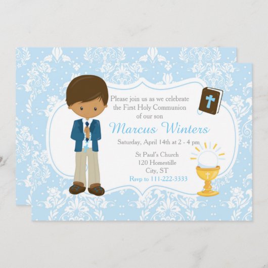 Invitation African American Boy First Communion Damask (Devant / Derrière)