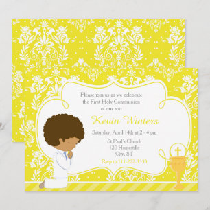 Invitation African American Boy First Communion Damask