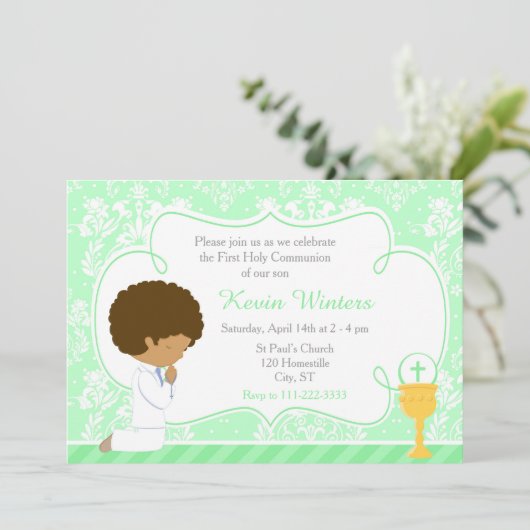 Invitation African American Boy First Communion Damask (Debout devant)