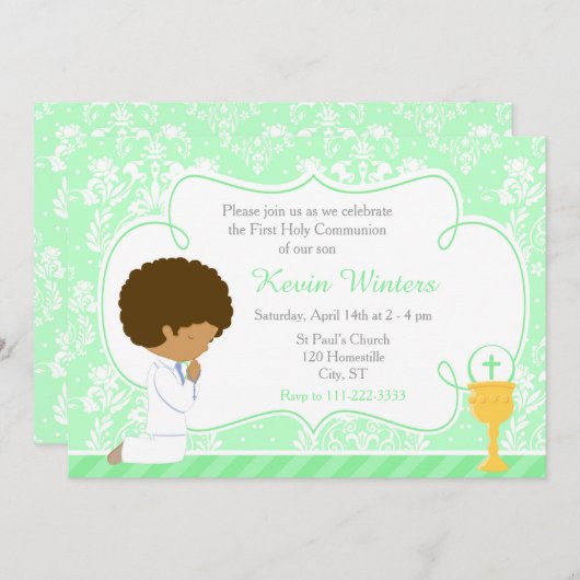 Invitation African American Boy First Communion Damask (Devant / Derrière)