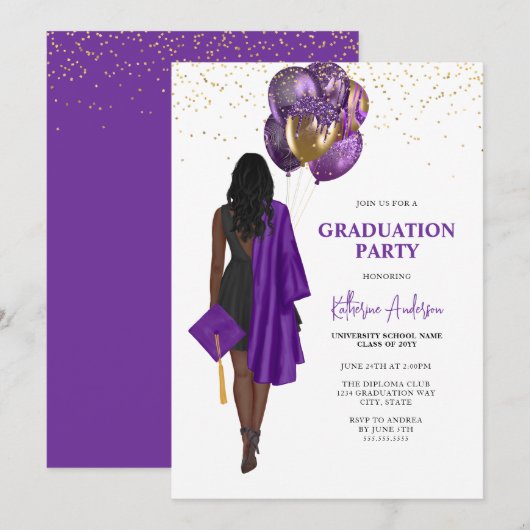 Invitation African American Female Purple Graduation Party (Devant / Derrière)