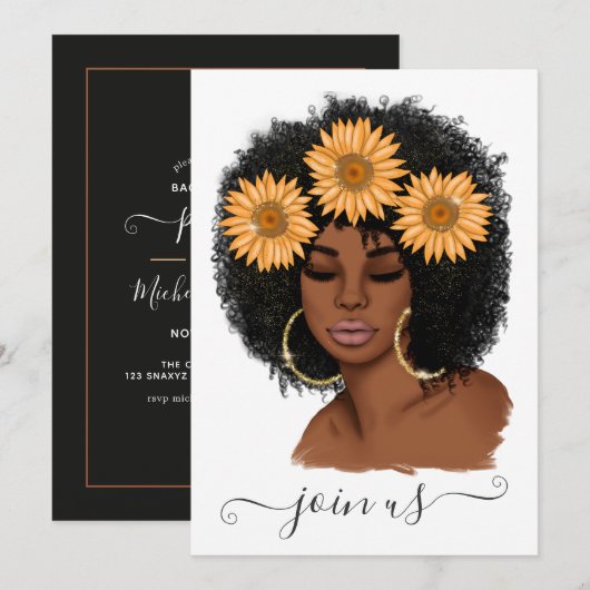 Invitation African American Sunflower Bachelorette Party (Devant / Derrière)