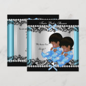Invitation African American Twin Boys Baby shower Blue 2 (Devant / Derrière)