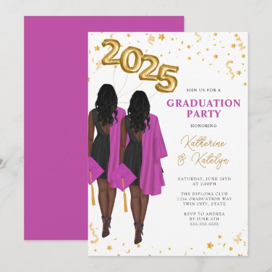 Invitation African American Twin Sisters Graduation Party (Devant / Derrière)