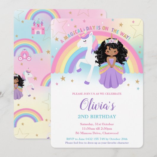 Invitation African Princess Unicorn Anniversaire Party Rainbo (Devant / Derrière)