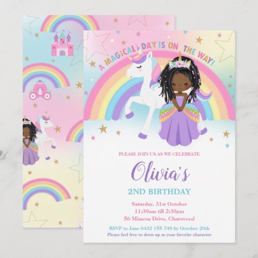 Invitation African Princess Unicorn Anniversaire Party Rainbo (Devant / Derrière)