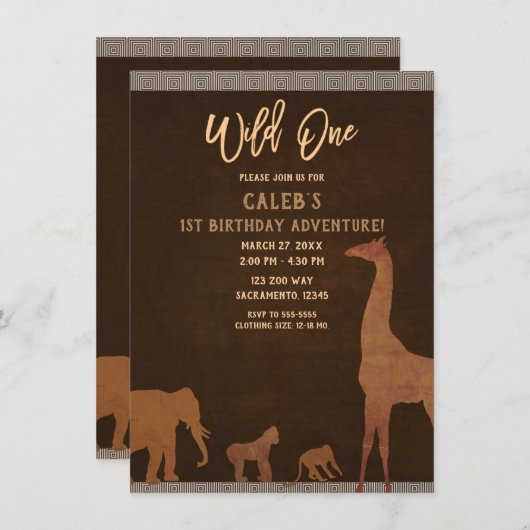 Invitation African Safari Jungle Zoo Brown WILD ONE 1ère Part (Devant / Derrière)