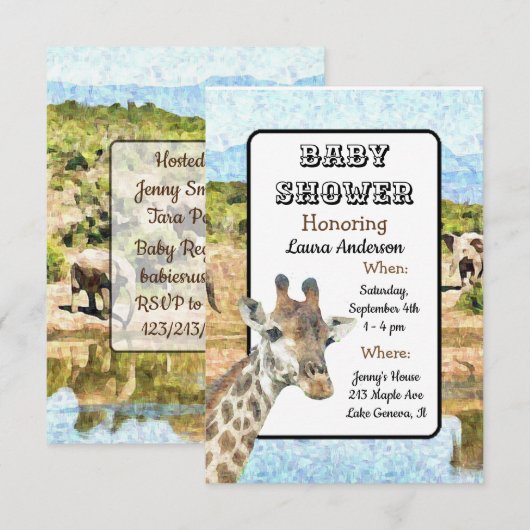 Invitation Afrique du Sud Thème Giraffe Elephant Baby shower (Devant / Derrière)