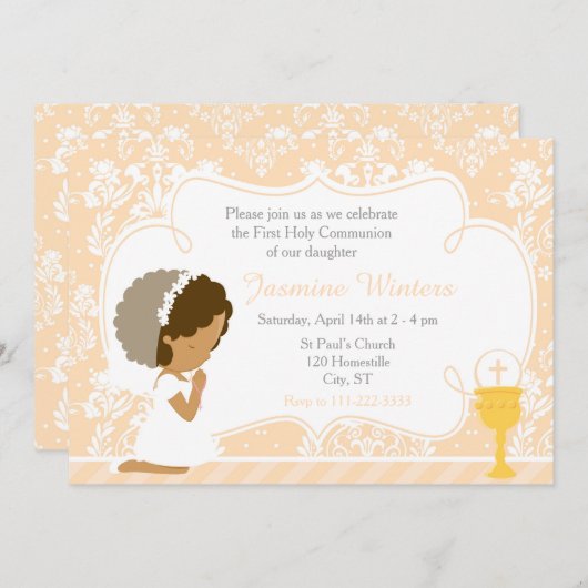 Invitation Afro-Américaine Première Communion Damask (Devant / Derrière)