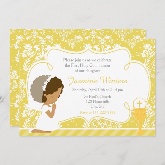 Invitation Afro-Américaine Première Communion Gold Damask (Devant / Derrière)