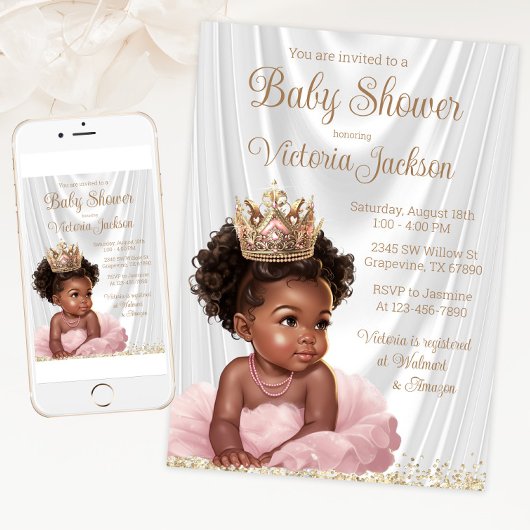Invitation Afro-Américaine Princesse Baby shower Or rose