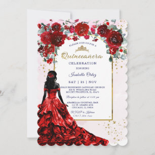Invitation Afro-Américaine Quinceañera Rouge et Or