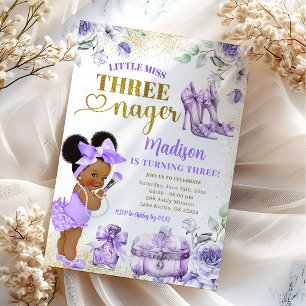 Invitation Afro Girl Purple Gold Little Miss Threenager Party