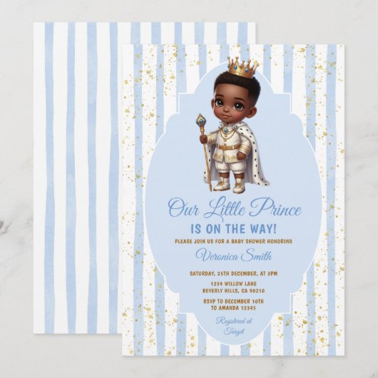 Invitation Afro Prince is on the way Blue Baby Shower Crown (Devant / Derrière)