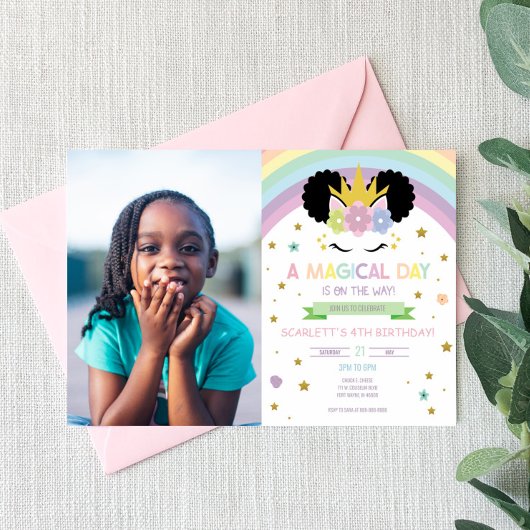 Invitation Afro Puff Unicorn et Rainbows fête d'anniversaire