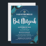 Invitation Agate Bat mitzvah Turquoise Ombre Script 2 Lieu<br><div class="desc">Soyez fier, réjouissez-vous et présentez cette étape importante de votre Bat mitzvah préféré ! Envoyer cette invitation cool, unique, moderne, personnalisée pour un événement à retenir. La typographie en écriture blanche et une fausse étoile d'or de David superposent un turquoise bleu foncé et turquoise profond arrière - plan avec agate...</div>