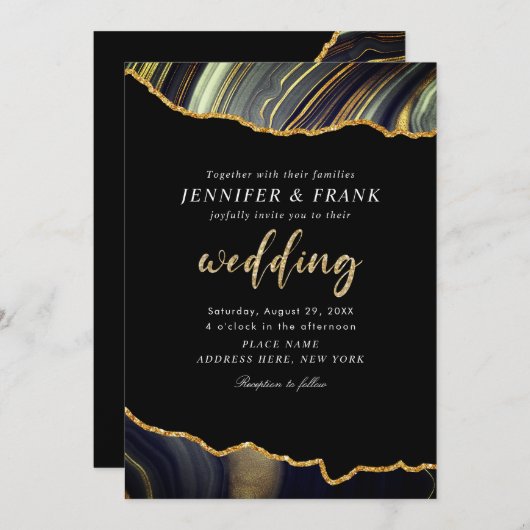 Invitation Agate Black Gold moderne Mariage de code QR person (Devant / Derrière)