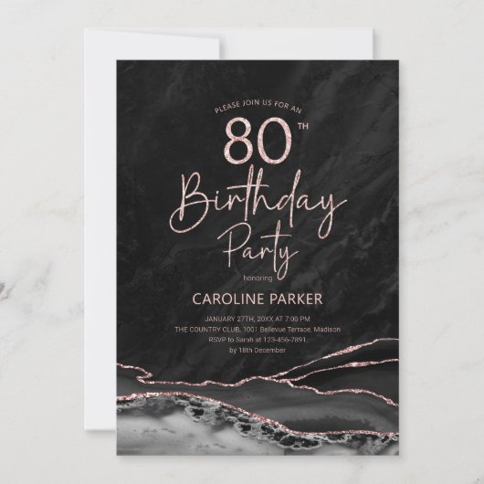Invitation Agate Black Rose Gold 80e anniversaire (Devant)