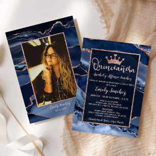 Invitation Agate Blue Rose Gold Quinceañera Photo Espagnol