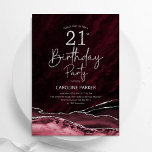 Invitation Agate Bourgogne Argent 21e anniversaire<br><div class="desc">Bourgogne et argent agate 21ème anniversaire invitation fête. Elégant design moderne avec marsala vin rouge foncé aquarelle agate marbre arrière - plan,  faux parties scintillant argent et typographie script police. Carte invitation branchée parfaite pour une célébration anniversaire féminine élégante. Invitations Zazzle imprimées ou téléchargement instantané modèle imprimable numérique.</div>