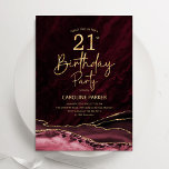 Invitation Agate Burgundy Gold 21e anniversaire<br><div class="desc">Bourgogne et or agate 21e anniversaire invitation fête. Elégant design moderne avec marsala vin rouge foncé aquarelle agate marbre arrière - plan,  faux parties scintillant or et typographie script police. Carte invitation branchée parfaite pour une célébration anniversaire féminine élégante. Invitations Zazzle imprimées ou téléchargement instantané modèle imprimable numérique.</div>