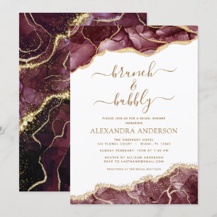 Invitation Agate Burgundy Gold Brunch & Bubbly Fête des marié