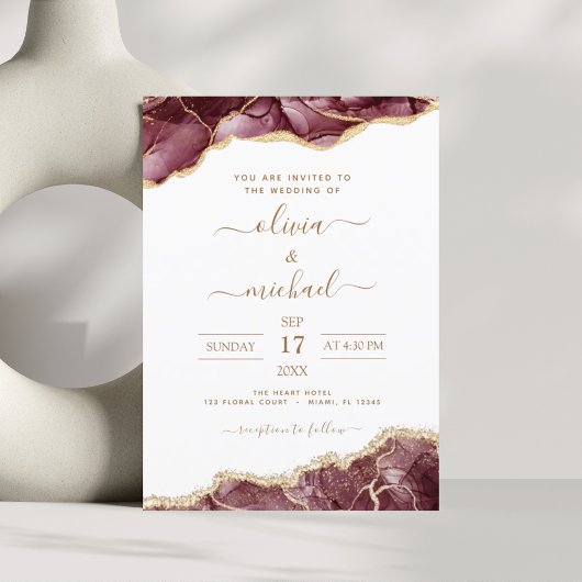 Invitation Agate Burgundy Gold Mariage moderne