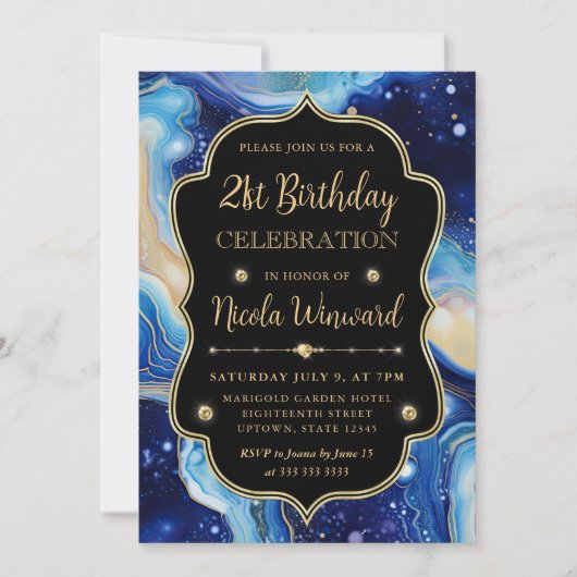 Invitation Agate Céleste | Anniversaire Marbre Bleu Violet (Devant)