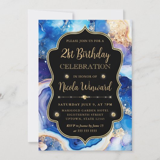Invitation Agate Céleste | Anniversaire Marbre Bleu Violet (Devant)