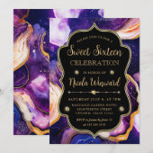Invitation Agate Céleste | Douce 16 Marbre Or Violet (Devant / Derrière)