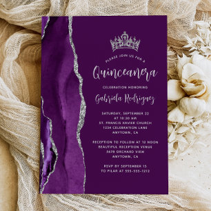 Invitation Agate d'argent de prune violette Quinceañera