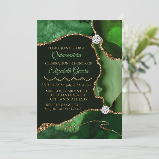 Invitation Agate de Parties scintillant de Faux vert et or Qu (Debout devant)