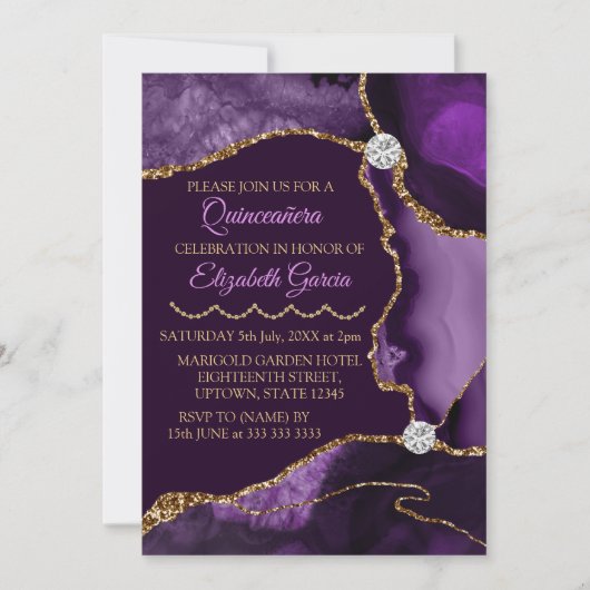 Invitation Agate de Parties scintillant violet et or Quincean (Devant)