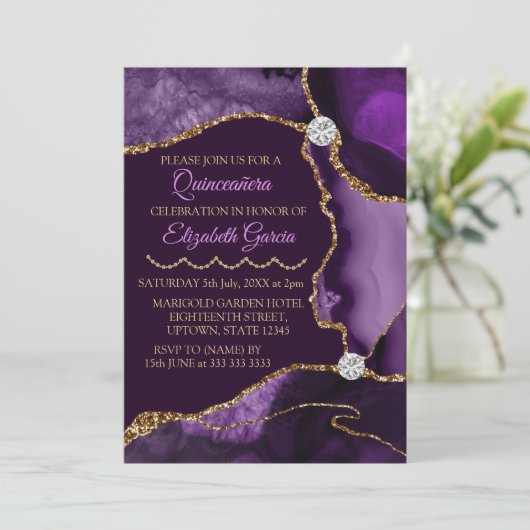 Invitation Agate de Parties scintillant violet et or Quincean (Debout devant)
