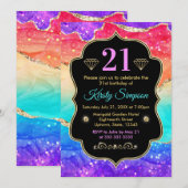 Invitation Agate d'encre d'alcool glamour arc-en-ciel Anniver (Devant / Derrière)