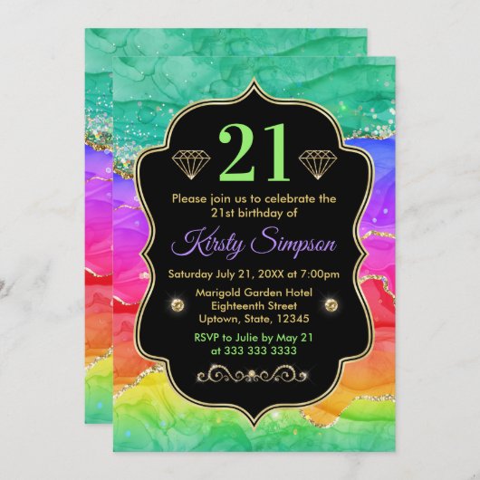 Invitation Agate d'encre d'alcool glamour arc-en-ciel Anniver (Devant / Derrière)